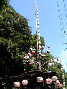 稲沢市北市場（こがし祭り）　約８ｍの真竹に１年間の月を表す『心』といわれる提灯を１２個（左の写真は平成12年で閏年にあたるため13個）と『小丸』と呼ばれる提灯を365個（現在では数１０個）付けています．　また，前方には３本の長い竹が延びており中心のものを『御幣』，右側に『ななつ』と呼ぶ町内安全の提灯を，左には『御神心』と書かれた提灯を飾ります．