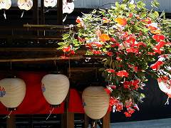 稲沢市北市場（こがし祭り）切り花　紅白の紙を切って花の形にしたものを木の枝に飾り付けたものです．切り花ほかり　山車に飾られた切り花は祭礼後に切り落とされ，投げられます．これを拾い軒先に飾ると厄よけや雷除けになるといわれます．